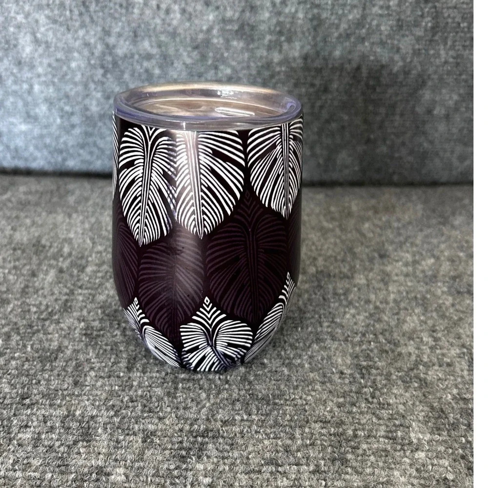 Tommy Bahama Insulated Wine Tumbler Purple Palm Leaf Stemless Travel Cup+Lid